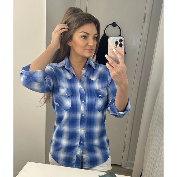 Vintage Wrancher by Wrangler Size medium Blue Pearl Snap Western Shirt - Picture 9 of 9